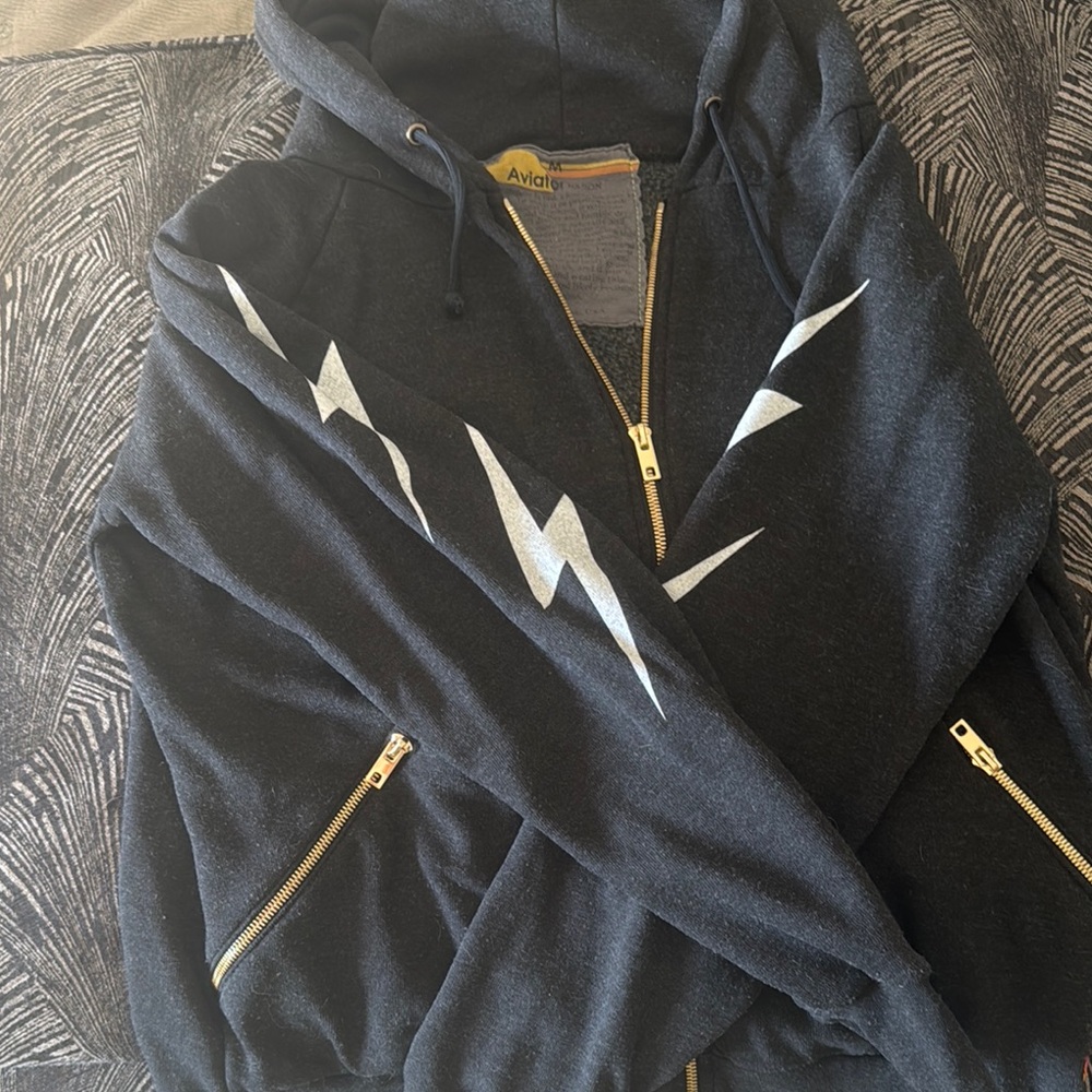 Aviator Nation Black and White Zip Up Jacket with Lightning Design Gold zippers